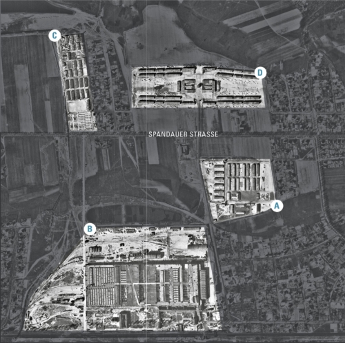 Luftbild der Lager und Produktionsstätten in Falkensee vom 19. April 1945Museum und Galerie Falkensee / Landesluftbildsammelstelle der Landesvermessung und Geobasisinformation Brandenburg