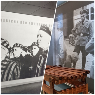 Lagerzeitliche Fotografie im „Lagermuseum“ (1961), Foto (1961): GuMSFotografie aus dem Album des KZ-Kommandanten Karl Otto Koch in der Ausstellung „Das KZ Sachsenhausen. Ereignisse und Entwicklungen 1936-1945“ (2008), Foto (2023): Mareike Otters